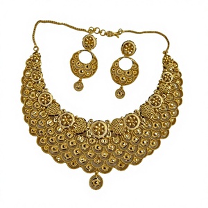Juego de Joyería Nupcial de Oro Amarillo Sólido de 22K, Collar de Filigrana Indio Hecho a Mano y Pendientes Colgantes, Boda Tradicional - Product Image 1