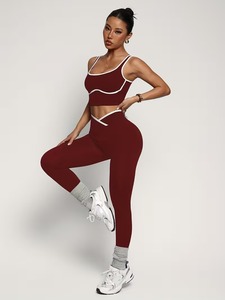 Womens 2 Piece Tracksuit Curved Piping Athletic Crop <b>Top</b> and <b>Cross</b> Waist Lift Leggings Set Gym Training Exercise Clothing - Product Image 3