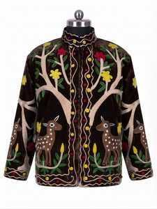 เสื้อแจ็คเก็ตฤดูหนาวผ้าฝ้าย 100% สีน้ำตาลเข้ม ลายดอกไม้สไตล์โบฮีเมียน งานปักมือแบบซูซานี สำหรับผู้หญิง วินเทจ เป็นมิตรกับสิ่งแวดล้อม - Product Image 3