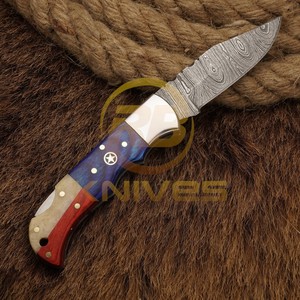 Damascus Steel Hunting <b>Knife</b> Drop Point Blade Red Blue <b>Handle</b> Brass Bolster 7 Inch Overall Camping Outdoor Use - Product Image 4