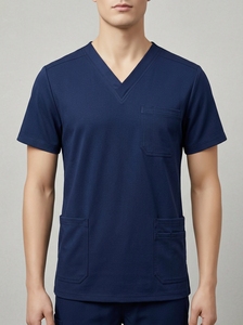 Women's Navy Blue V-Neck <b>Scrub</b> <b>Top</b> With Two Front Pockets Woven Cotton Polyester Hospital Uniform - Product Image 2