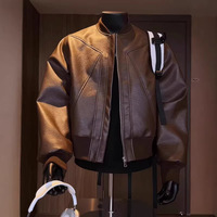 Blouson aviateur en cuir noir pour homme, col montant, fermeture éclair, style motard, couleur unie, manches classiques, pour l'automne
