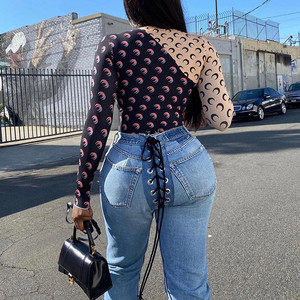 Jeans de mezclilla OEM al por mayor, personalizados, para mujer, sexys, con cordones en la cadera, impermeables, bonitos, de talla grande, estilo urbano. - Product Image 4