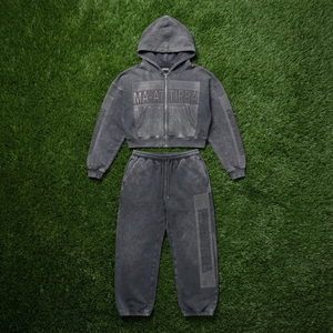 Conjunto de chándal de dos piezas para mujer: Sudadera con capucha corta con cremallera y pedrería, lavado ácido, y pantalones de chándal de pierna ancha - Product Image 5