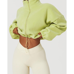 Nueva Llegada Sudadera Corta con Cierre para Mujer, Color Verde Lima, 100% Algodón, Secado Rápido, Cuello Alto, Hombros Caídos, Manga Larga - Product Image 6