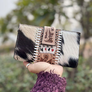 Hand Tooled Carving Cards Wallet Clutch <b>Phone</b> Case Stylish Cowhide Fur Leather Wallet Multi Uses Western Leather Wallets - Product Image 1