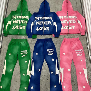 Acid Wash Sweatsuit for Men Zipper Hoodie and Flared Sweatpants Set Distressed Patch Streetwear Tracksuit Cotton Oversized - Product Image 3