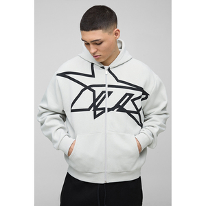 Sudadera con Capucha y Cremallera para Hombre, Color Gris Claro, Estilo Urbano, Corte Regular, Logotipo Estampado en la Parte Delantera, Ropa de Otoño - Product Image 1