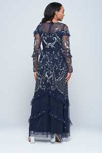 Vestido de noche largo de gasa transparente con cuello alto, lentejuelas florales en relieve, manga larga y corte en A, color azul marino - Product Image 5