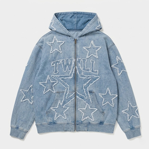 Sweat à capuche streetwear personnalisé pour homme, écologique, en denim vintage délavé, zippé, coupe oversize, avec écusson étoile brodé, pour l'hiver - Product Image 1