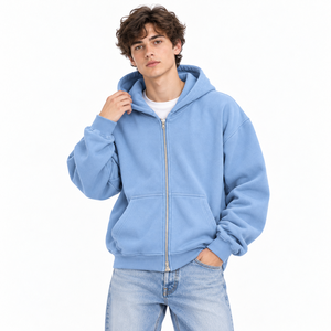 Sweat à capuche zippé pour homme en molleton bouclette avec poche kangourou, épaules tombantes, impression DTG, design personnalisé, OEM ODM, faible MOQ - Product Image 6
