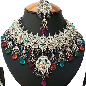 Silver Plated <b>Crystal</b> Necklace <b>Set</b> With Colorful Rhinestones Women's Ethnic Wedding Jewelry - Product Image 2