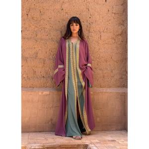 Crepe Muslin Kaftan Finished With Maxi Sfifa Front And Sleeves V-neckline Handmade Mix Blue Buttons Fastening Trough Front - Product Image 1