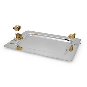 Stainless Steel <b>Serving</b> <b>Tray</b> with Elegant Polished <b>Gold</b> Floral Handles for Party Catering <b>Serving</b> Kitchen Dining Table Decor Use - Product Image 1