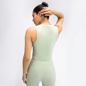 เสื้อยืดออกกำลังกายผู้หญิงทรงสลิม คอกลม น้ำหนักเบา สำหรับโยคะ พร้อมโลโก้ด้านหน้า ผ้าถัก ขายส่ง - Product Image 4