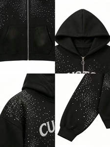 Sudadera con capucha negra personalizada con cremallera y estampado de puntos para ropa urbana - Product Image 4