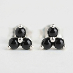 Rhaya Jewels Black Onyx Prong Set Floral <b>Stud</b> Earrings <b>Sterling</b> <b>Silver</b> Rhodium Plated Trendy Children's Women's Engagement Party - Product Image 1