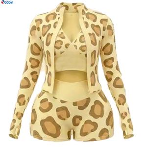 Conjunto de 3 piezas de pantalones cortos de hip hop con estampado de leopardo para mujer, chaqueta con cremallera de manga larga, sujetador y pantalones cortos de ciclista, ropa sexy para discoteca, ropa de primavera y verano - Product Image 2