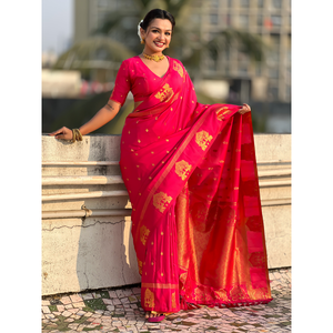 Elite Weaves Pink Soft <b>Silk</b> Traditional Zari Woven Saree Elegant Scarf and <b>Shawl</b> 600g - Product Image 1