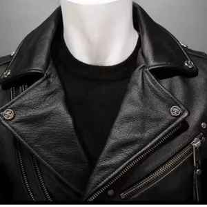 Chaqueta de Motocicleta de Cuero Genuino para Hombre, Cuello Camisero, Cierre de Cremallera, Corte Ajustado, Resistente al Viento, para Otoño - Product Image 6