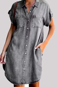 Robe chemise en jean pour femme, boutonnée, col rabattu, manches trois quarts, ceinturée, décontractée, pour tous les jours - Product Image 5
