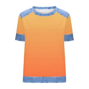 Camiseta de Manga Corta para Mujer, Cuello Redondo, Color Azul Degradado, Tejido de Poliéster, Estilo Casual, Corte Regular, para Primavera/Verano - Product Image 3