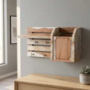 <b>Wooden</b> Wall Mounted Mail Organizer with Key Hooks Rustic Entryway Storage Rack <b>Letter</b> Holder Home Office Wall Decor - Product Image 3