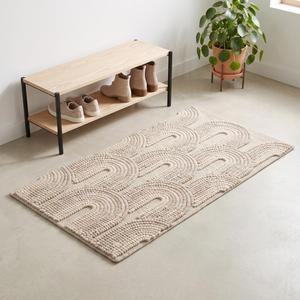 Tapis d'intérieur en laine beige crème tissé à la main, motif géométrique moderne, boucles épaisses, antidérapant, à poils moyens, avec envers en toile de coton - Product Image 3