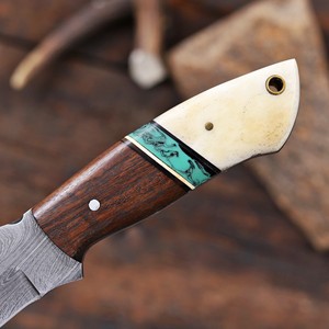 Cuchillo de Hoja Fija de Acero de Damasco Fabricado por OEM/ODM, Mango de Palisandro y Hueso, Funda Cruzada, Espiga Completa, para Caza y Camping - Product Image 5