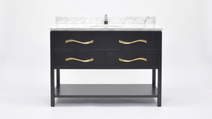 Luxurious Modern Bathroom Vanity Marble Top 48 Floor Standing <b>Black</b> <b>Cabinet</b> Gold Handles Contemporary Design Vanity Mirror - Product Image 1