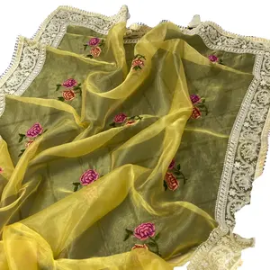 Pure & soft organza silk sarees with multi embroidery work butta with panel nd fancy lave border nd latkan..