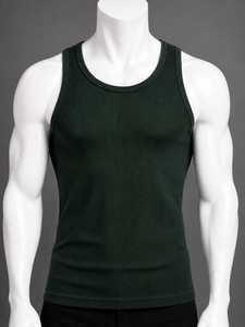 Men's Breathable Ribbed 100% Cotton Gym Tank <b>Top</b> O-Neck Casual Knitted Solid Color 220g - Product Image 6