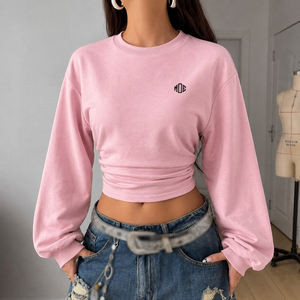 OEM Fashion <b>Top</b> Women's Ruched Waist <b>Cropped</b> Crewneck Sweatshirt Cotton Fleece Pink Long Sleeve Streetwear Hoodies Private Label - Product Image 3