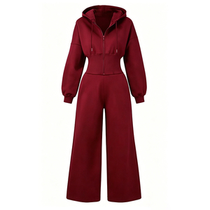 Women Hooded Zip-Up Tracksuit Solid Color Full Length Loose Fit Casual Sweat <b>Jumpsuit</b> Autumn Red Polyester Material - Product Image 1