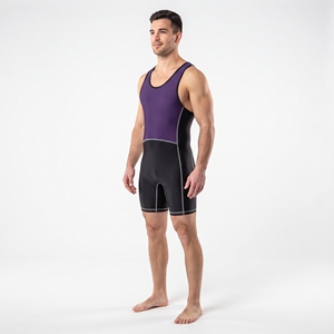 Combinaison de lutte pour homme en spandex violet et noir, polyester, une pièce, avec bordure de couleur, extensible, vêtements de sport, tenue d'entraînement - Product Image 4