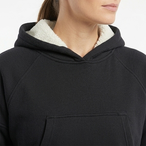 <b>Women</b> Eco-Friendly Solid Black <b>Sherpa</b> Lined Zip up Hoodie Fleece <b>Jacket</b> with Front Logo and Side Pockets Winter - Product Image 5