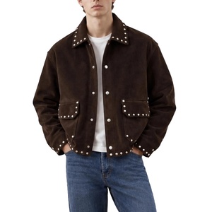 Custom Men's Brown <b>Suede</b> <b>Shirt</b> Jacket Rivet Studded Turn Down Collar Chest Pockets Single Breasted Streetwear Coat - Product Image 2