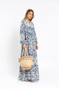 Algodón bohemio verano azul amarillo estampado caftán para mujer caftán vestido para mujer - Product Image 3