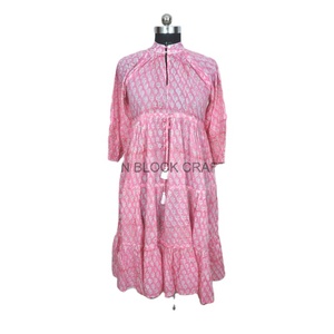 Robe longue pour femme Hem, tenue de soirée décontractée, sorties, pique-niques, imprimé à la main indien, écologique, bouton, tenue de plage d'été, tunique, coupe A - Product Image 1