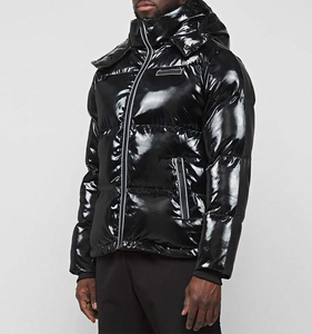 Hooded Puffer <b>Jacket</b> Black PU <b>Waterproof</b> Winter Coat Unisex Casual Zipper Closure <b>Thin</b> Insulated Stand Collar Front Outerwear - Product Image 5