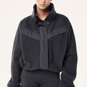 Womens Black Fleece <b>Zip</b> <b>Up</b> <b>Jacket</b> Warm Sherpa Stand Collar Long Sleeve Outerwear Soft Cozy Fashion Winter Fall Activewear Top - Product Image 1