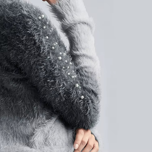 Pull en mohair dégradé pour femme, col rond, manches longues, décontracté, hiver, anti-boulochage, épais, duveteux, gris et blanc - Product Image 3