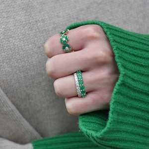 Anillo de Trébol con Diamantes Personalizado, Esmalte Verde Esmeralda, Anillos Apilables, Joyería Fina Brillante para Cóctel, Oro Sólido de 10K, 14K, 18K - Product Image 2