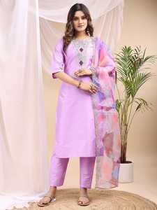 <b>Women</b> Ethnic Embroidered Silk <b>Kurta</b> Set Indian Pakistani Outfit with Dupatta Recycled Materials All Seasons Casual Party Wear - Product Image 3