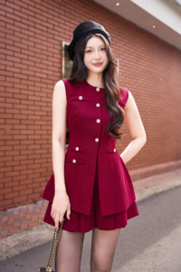 Women's Two Piece Outfit Feminine <b>Red</b> Vest <b>Top</b> and Pleated Skort Set Gold Button Peplum <b>Top</b> Polyester/Spandex SAHRA - Product Image 2