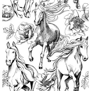 Papel Tapiz Moderno con Diseño Floral de Peonías y Caballos, Blanco y Negro, Autoadhesivo, Fácil de Aplicar - Product Image 1