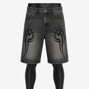 Pantalones Cortos de Mezclilla Personalizados para Hombre, Lavados en Negro, Hasta la Rodilla, Estilo Baggy, con Estampado Gráfico, Casuales, de Verano - Product Image 1