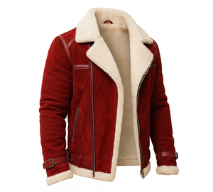 <b>Mens</b> Red <b>Suede</b> Motorcycle <b>Jacket</b> With Sherpa Lining Winter Turn Down Collar Genuine <b>Leather</b> Sherpa Lined <b>Jacket</b> Zip Up Winter - Product Image 2