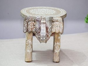 Handmade Wooden <b>Elephant</b> Stool With White Floral Carving Bohemian Style Indoor Decor For Living Room Stool02 - Product Image 2