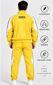 INDEX Men's Yellow <b>Tracksuit</b> Full Zip Sporty Style With <b>White</b> Stripes Regular Fit Spring Wear Breathable Polyester - Product Image 2